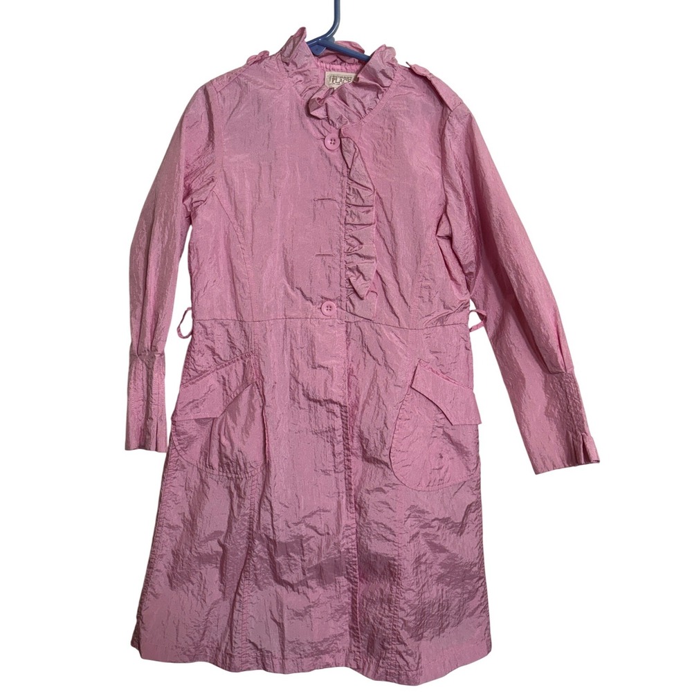 The Childrens Place Girls Pink Ruffle Trench Raincoat Jacket Size M 7 8 EUC
